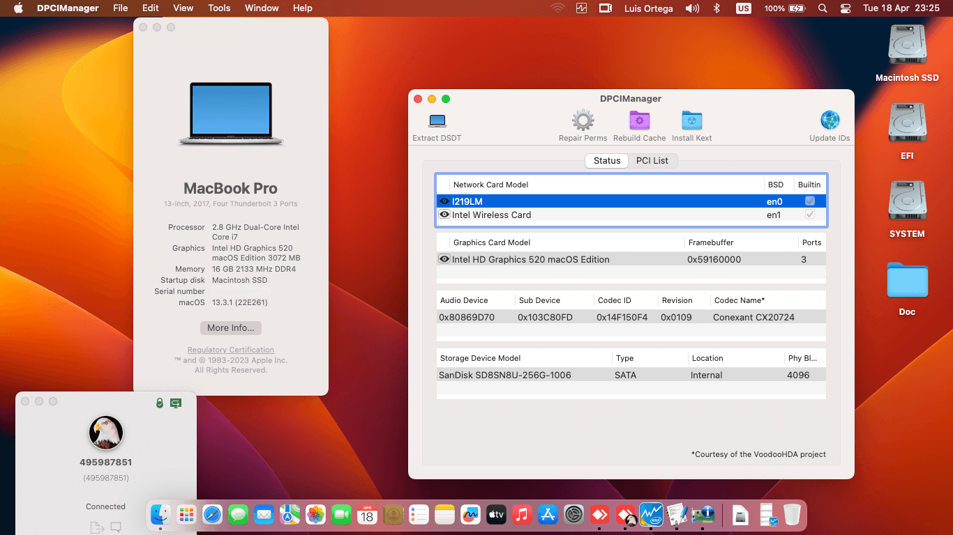 Success Hackintosh macOS Ventura 13.3.1 Build 22E261 in HP ProBook 650 G2